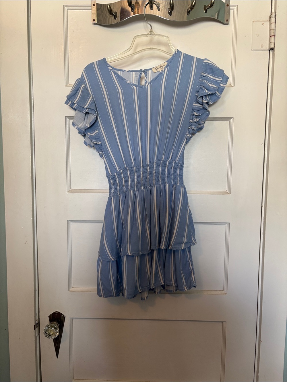 Jessica Simpson Girls Blue Stripe Ruffle Tiered Dress Size XL (12)